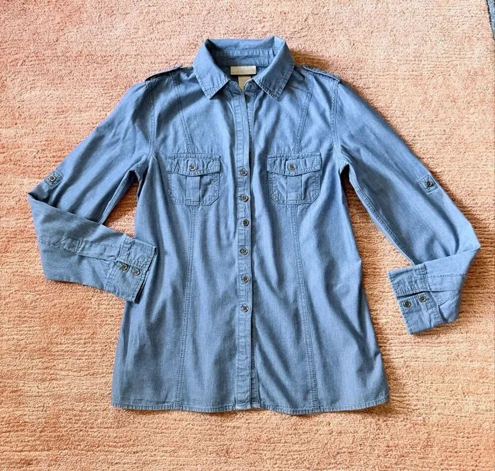 Miss Tina S Blue Chambray Button Front Utility Shirt 100% Cotton Roll Tab Long S